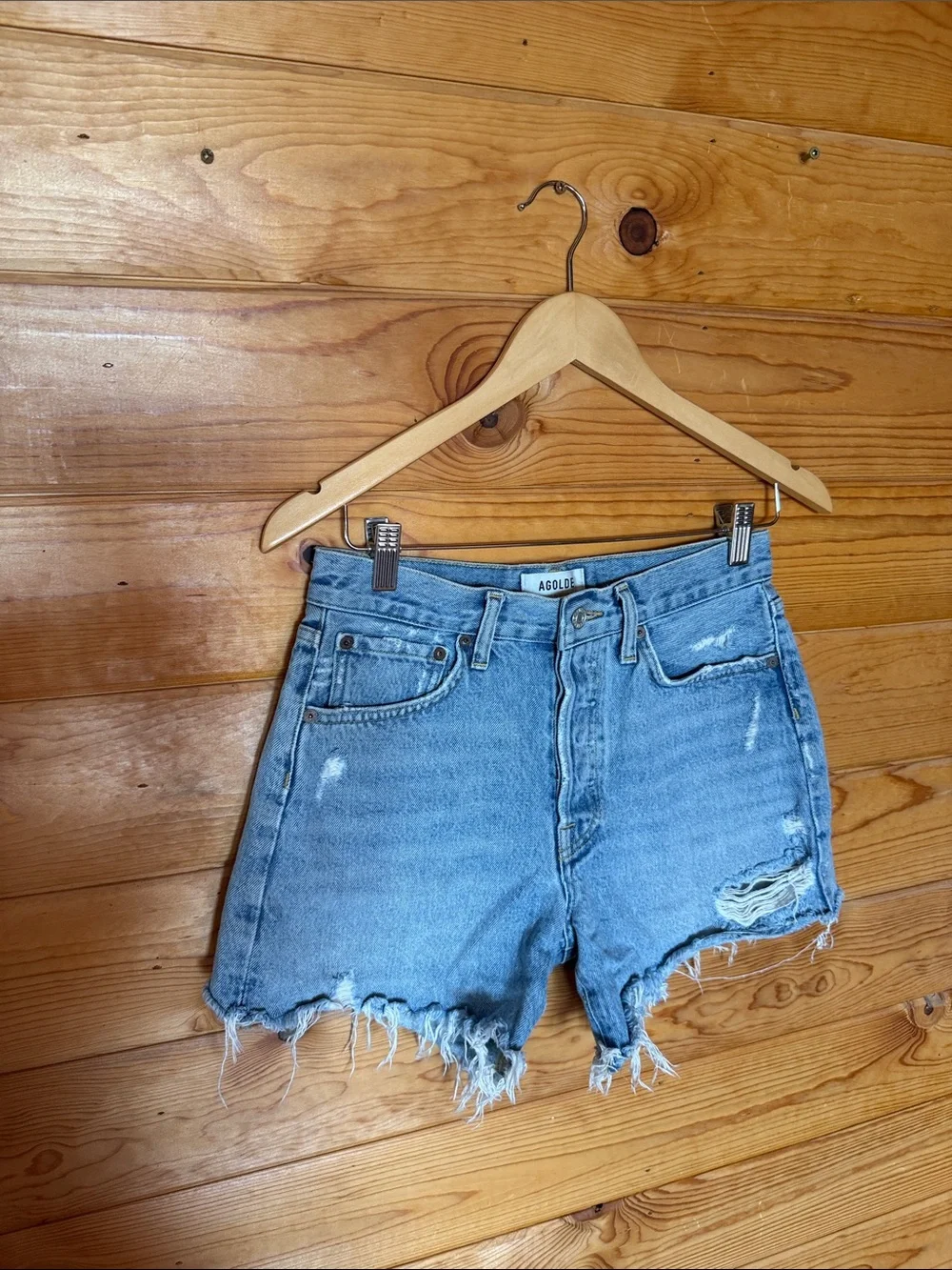 AGOLDE Parker long Light Blue Distressed High-Rise Denim Shorts swap meet in 25